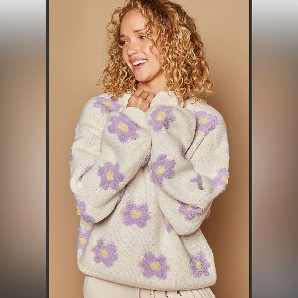 POL Cream and Purple Floral Sweater Size Large NWOT